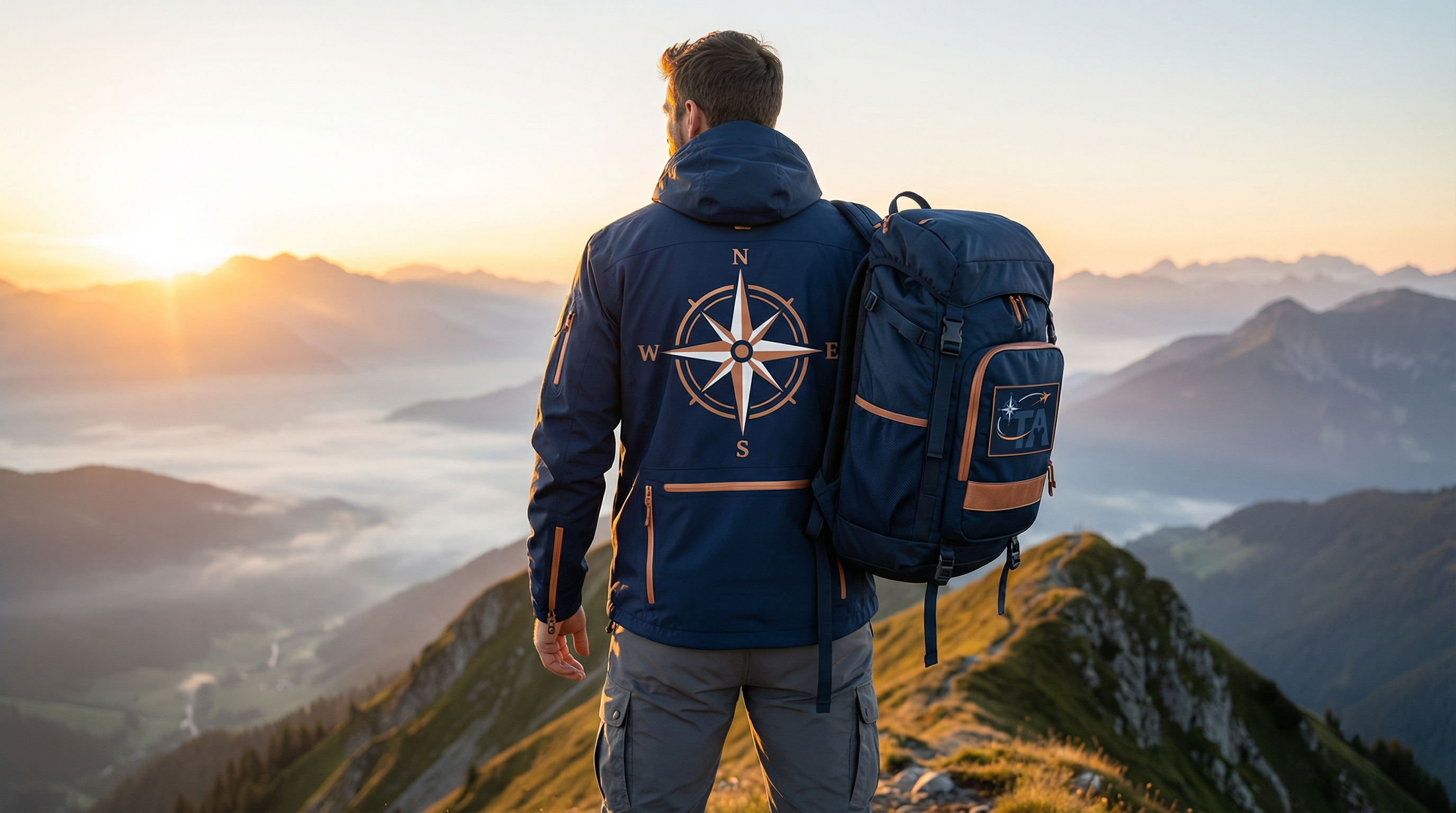 Explorer on mountain ridge at golden hour