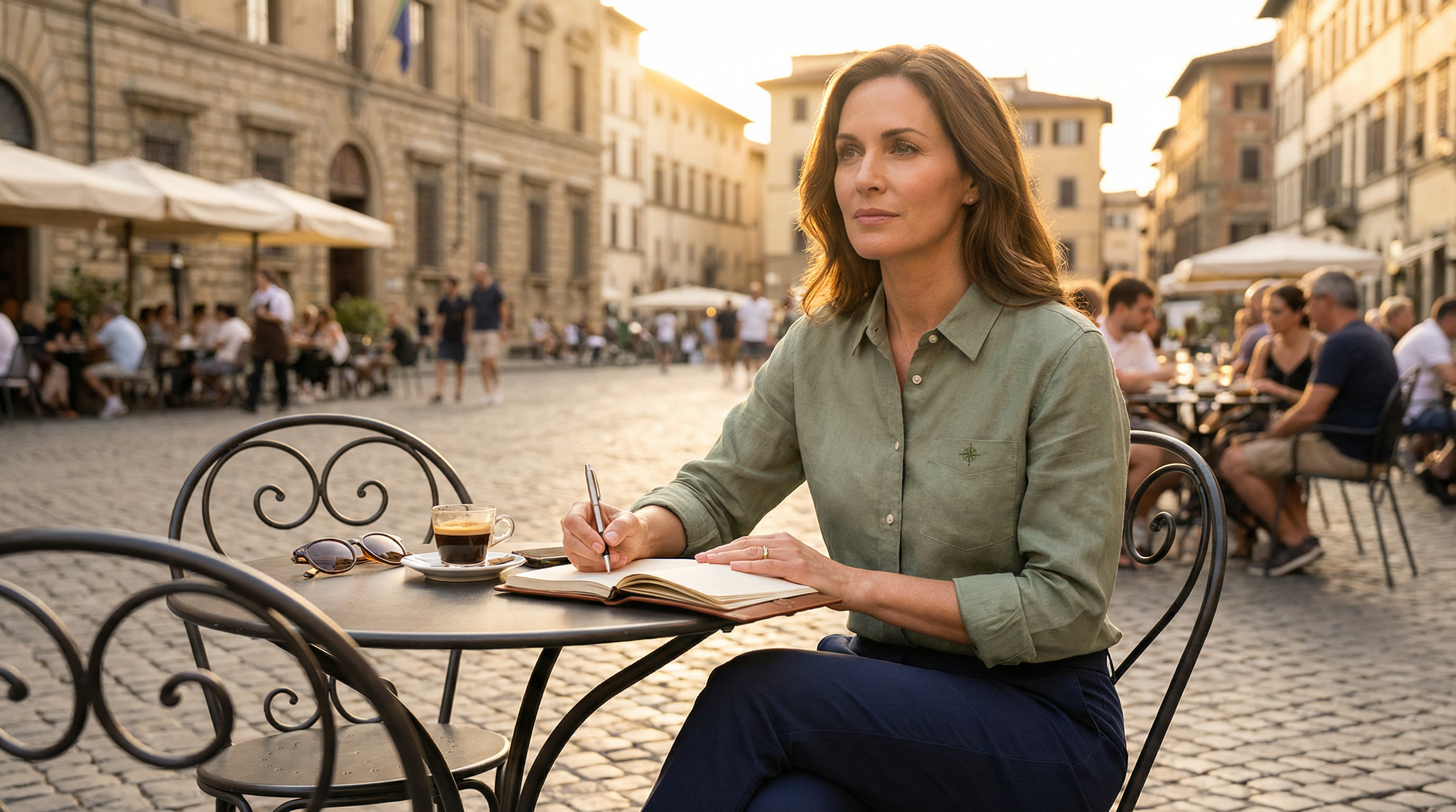Traveler writing in journal at European cafe